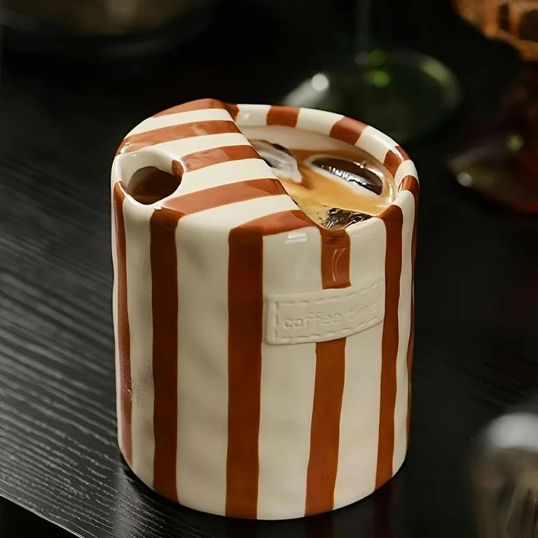 1pc European Vertical Stripe Ceramic Mug - Elegant Green & Brown stripes, Semi-Open Design for Co... | Walmart (US)