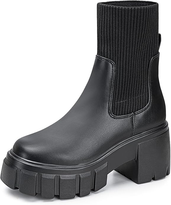 FITORY Womens Chelsea Boots, Elastic Ankle Booties with Chunky Mid Heel and Lug Sole, Comfy Trend... | Amazon (US)