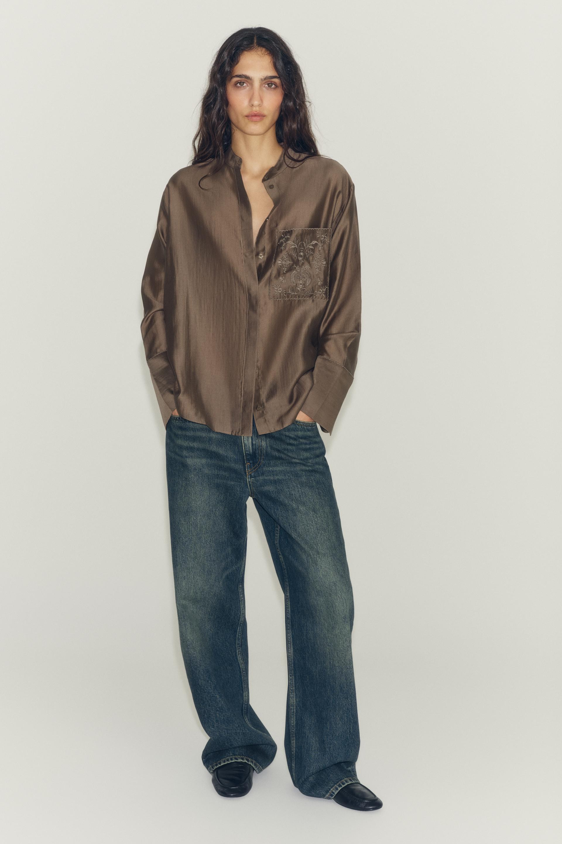 Zara - Embroidery Pocket Zw Collection Shirt - Oyster-White - Xl - Woman | Zara US