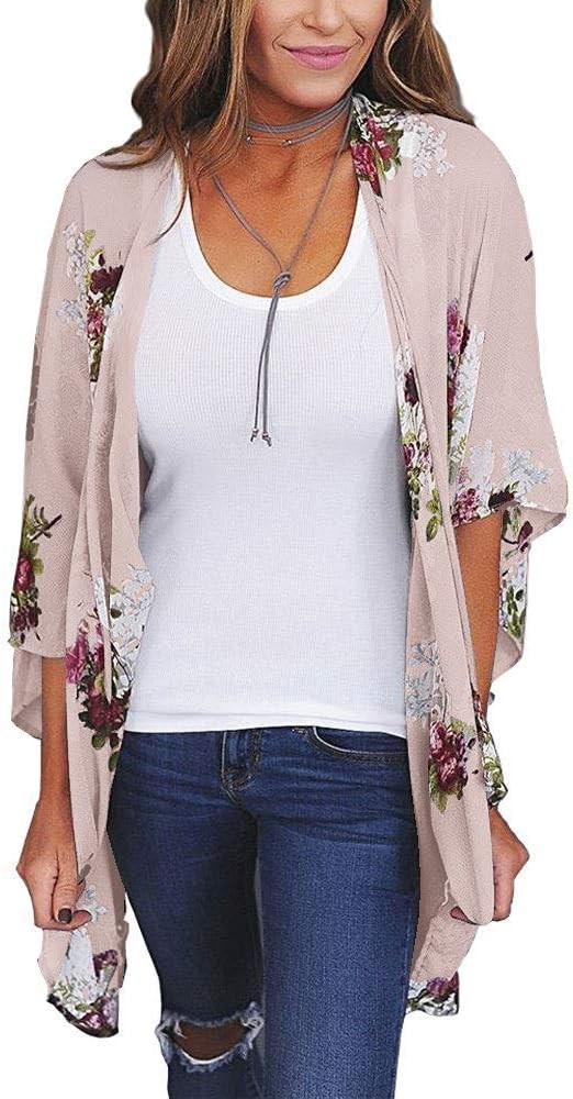 Women's Floral Print Puff Sleeve Kimono Cardigan Loose Cover Up Casual Blouse Tops | Amazon (US)