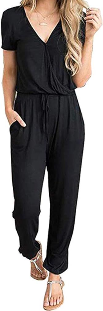 Women’s Sexy Deep V Neck Short Sleeve Wrap Drawstring Waist Jumpsuit Romper with Pockets | Amazon (US)