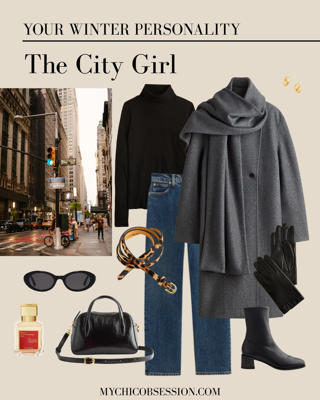 Enjoy a day out shopping in the city bundled up in a long scarf coat, turtleneck, and classic denim. Accessorize with leather gloves, ankle boots, a leather handbag and a leopard print belt. Add a luxurious spritz of perfume to finish the look! 

 #LTKSeasonal #LTKBeauty