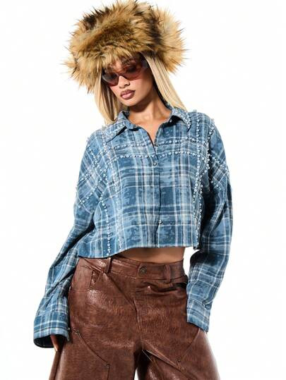 SUMWON WOMEN Rhinestone Pearl Embellished Washed Check Plaid Oversized Boxy Cropped Button Down S... | SHEIN