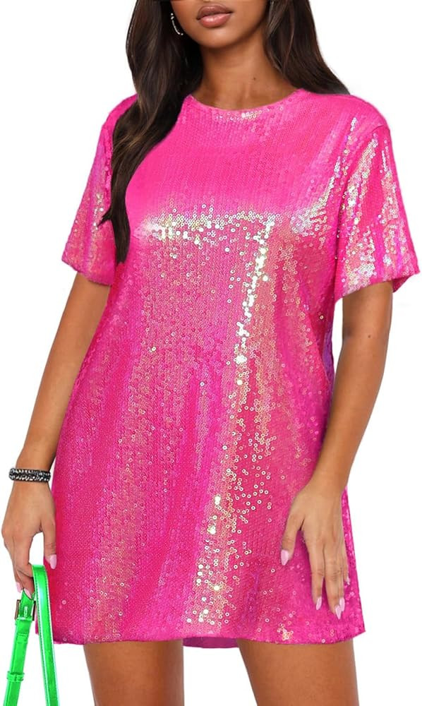 ENOPINK Women's Crew Neck Sequin Dress for Women Sexy V Neck Shirt Dresses Sparkly Shift Mini Dre... | Amazon (US)