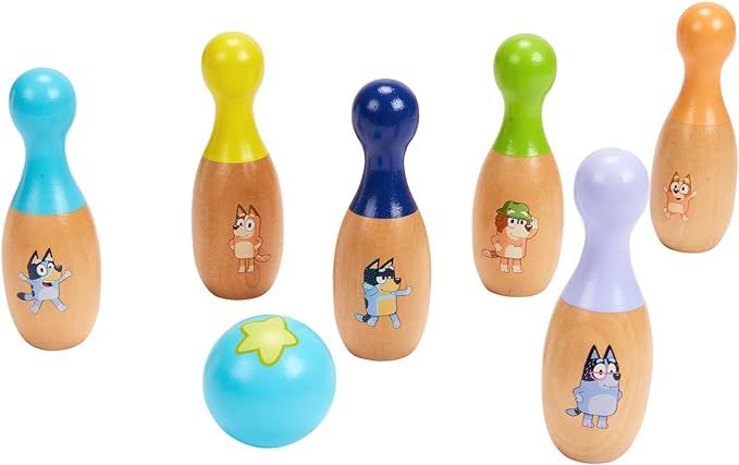 BLUEY – Wooden Bowling “Skittles” Set, Indoor & Outdoor Bowling Play, 6 Pins and 1 Bowling ... | Amazon (US)