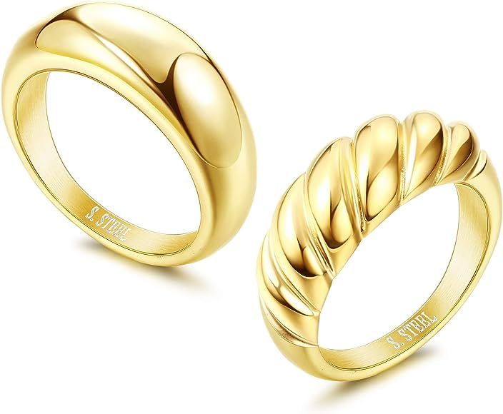 THUNARAZ 2Pcs Chunky Dome Ring for Women Gold Silver Minimalist Twisted Ring Stacking Band Statem... | Amazon (US)