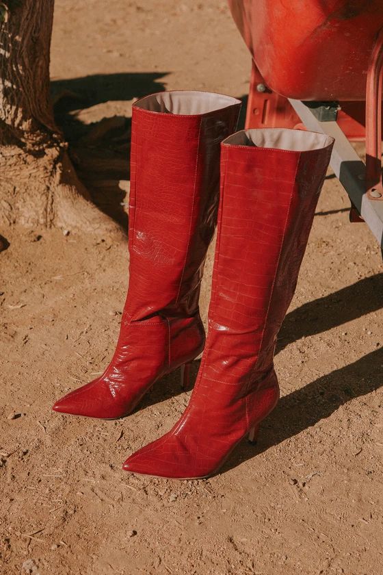 Denita Red Croc-Embossed Kitten Heel Knee-High Boots | Lulus (US)