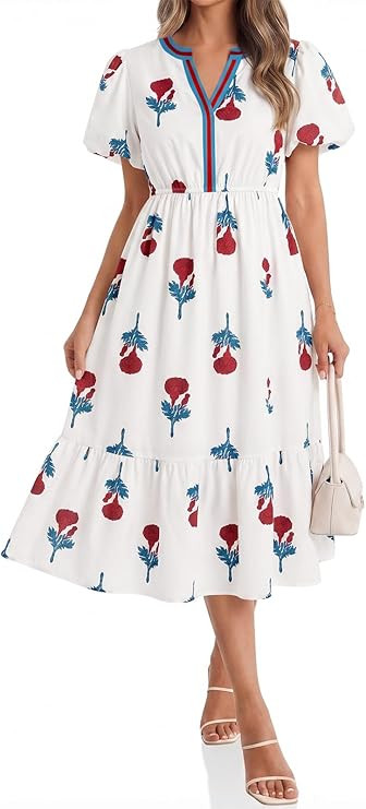 Cicy Bell Womens Summer Floral Print Maxi Dress A Line Puff Short Sleeve V Neck Boho Dresses Flow... | Amazon (US)