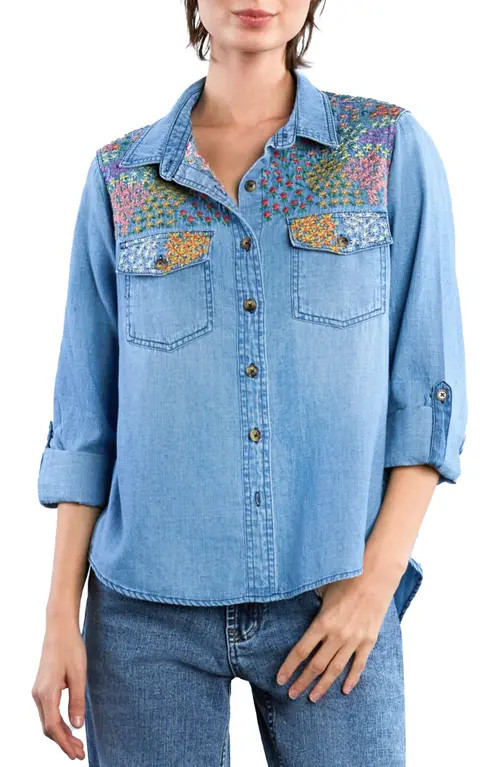 Billy T Flower Patch Embroidered Denim Button-Up Shirt at Nordstrom, Size X-Small | Nordstrom