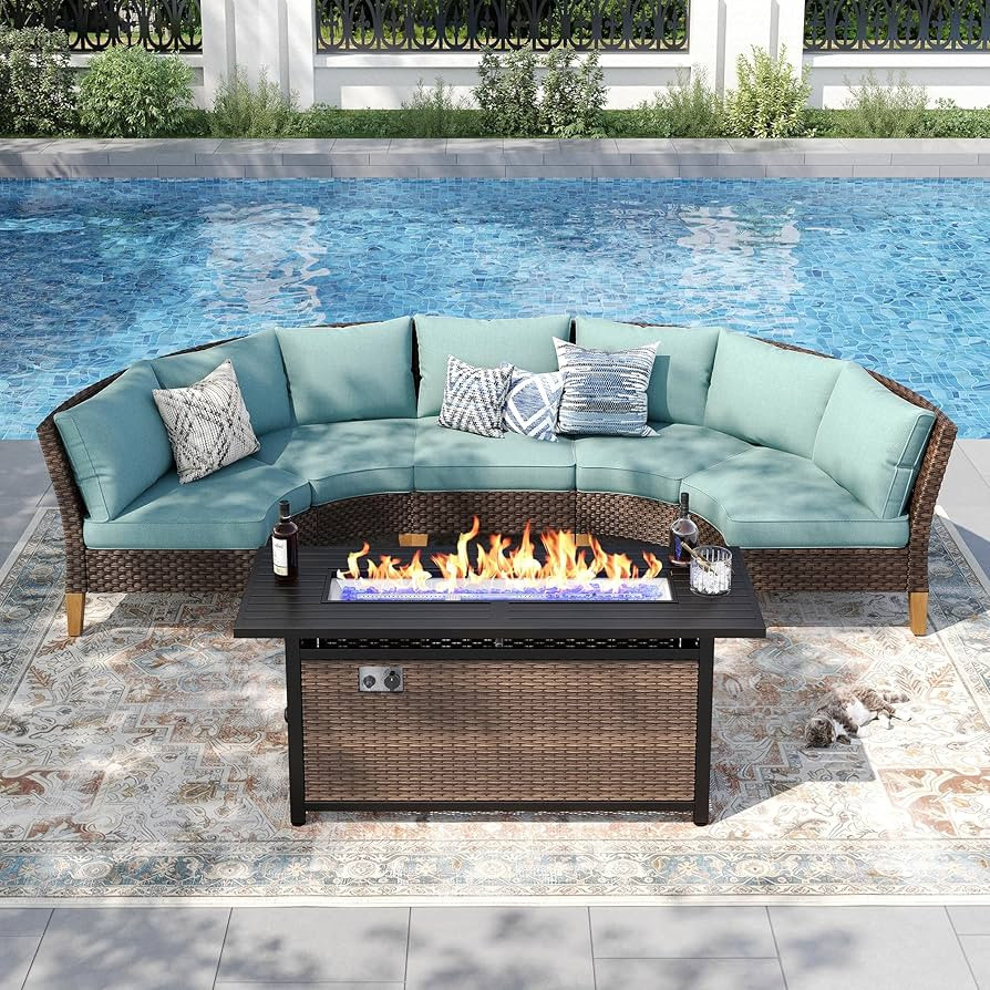 PHI VILLA Half Moon Patio Furniture Set with 56" Fire Pit Table, Outdoor Curved Wicker Sectional ... | Amazon (US)