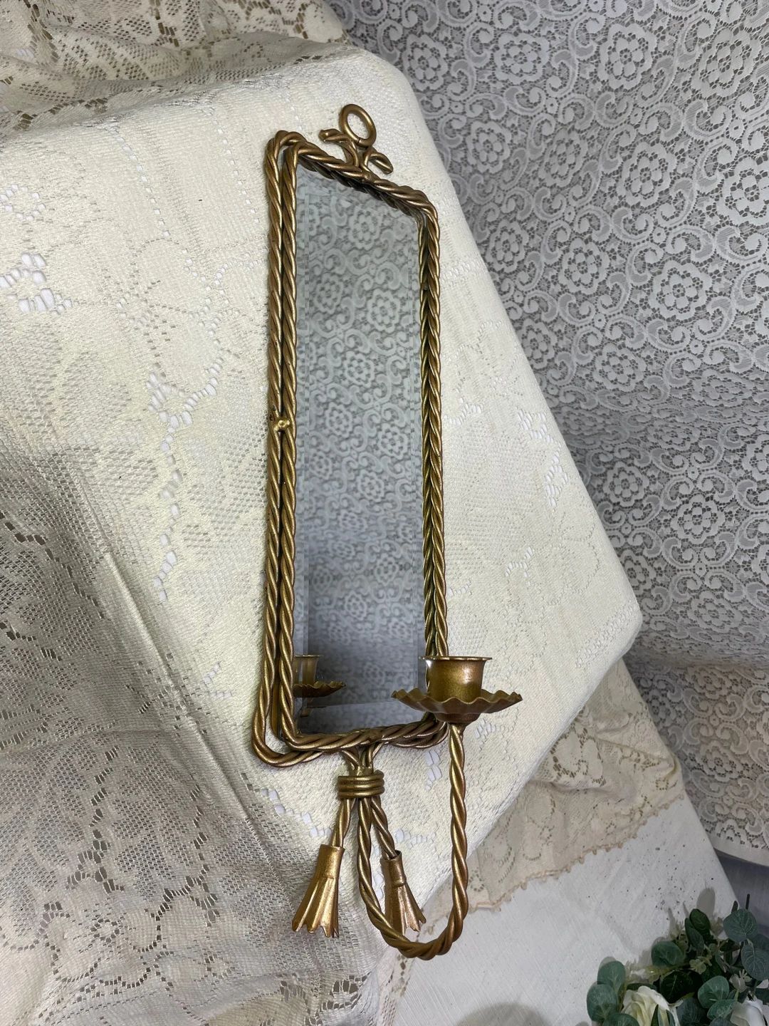 Vintage Ornate Gold Metal Rope Mirror Sconces Candlestick Holder, Vintage Mirror Sconces, Vintage... | Etsy (US)