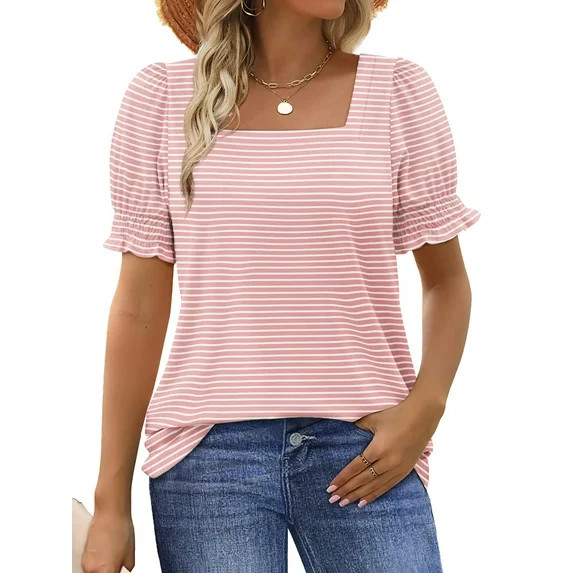 UVN Square Neck Tops for Women Summer Puff Short Sleeve Shirts Dressy Casual Tunic Blouses | Walmart (US)