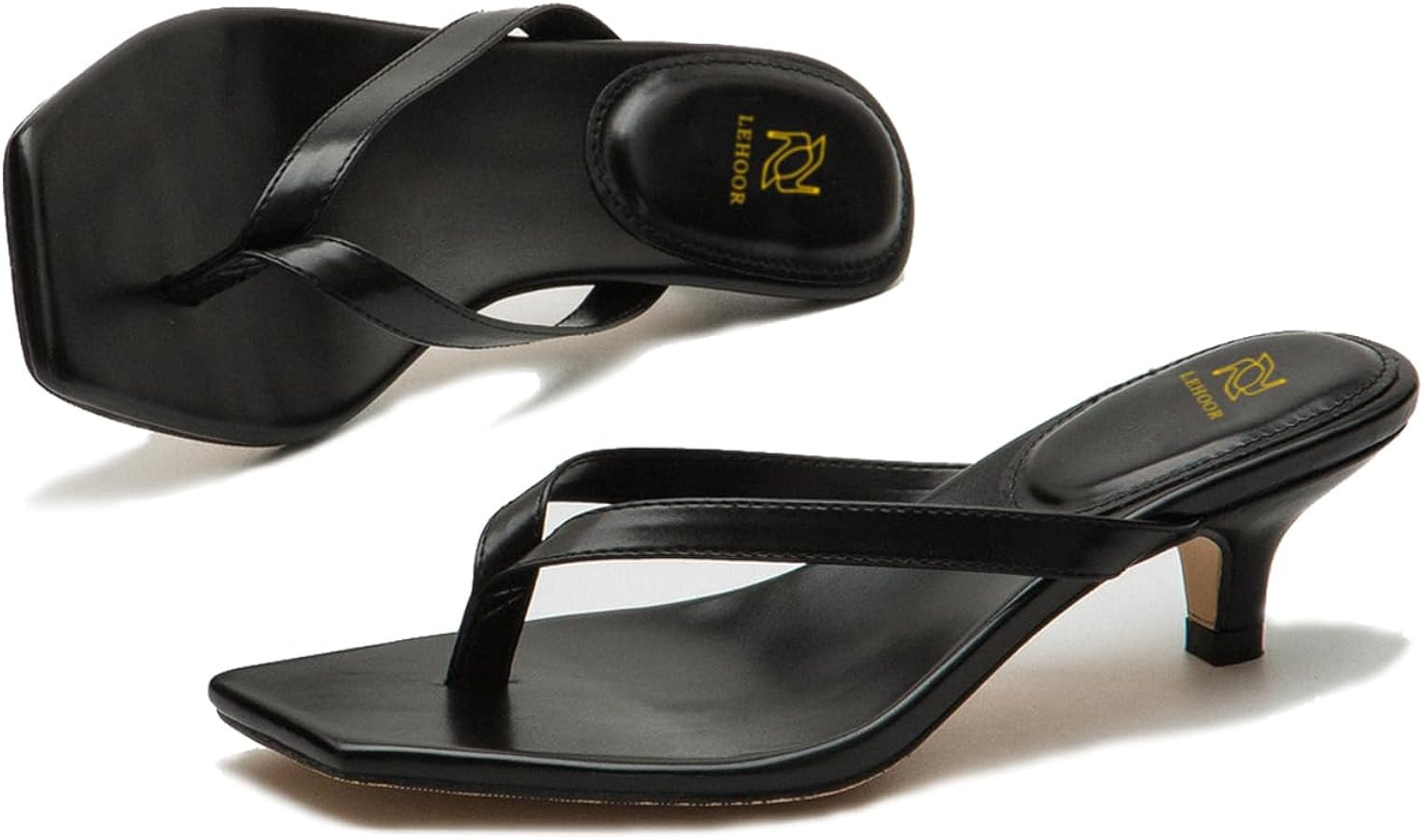 LEHOOR Flip-Flops Mules Kitten Heels Thong Sandals Square Open Toe for Women Slim Matte Leather T... | Amazon (US)