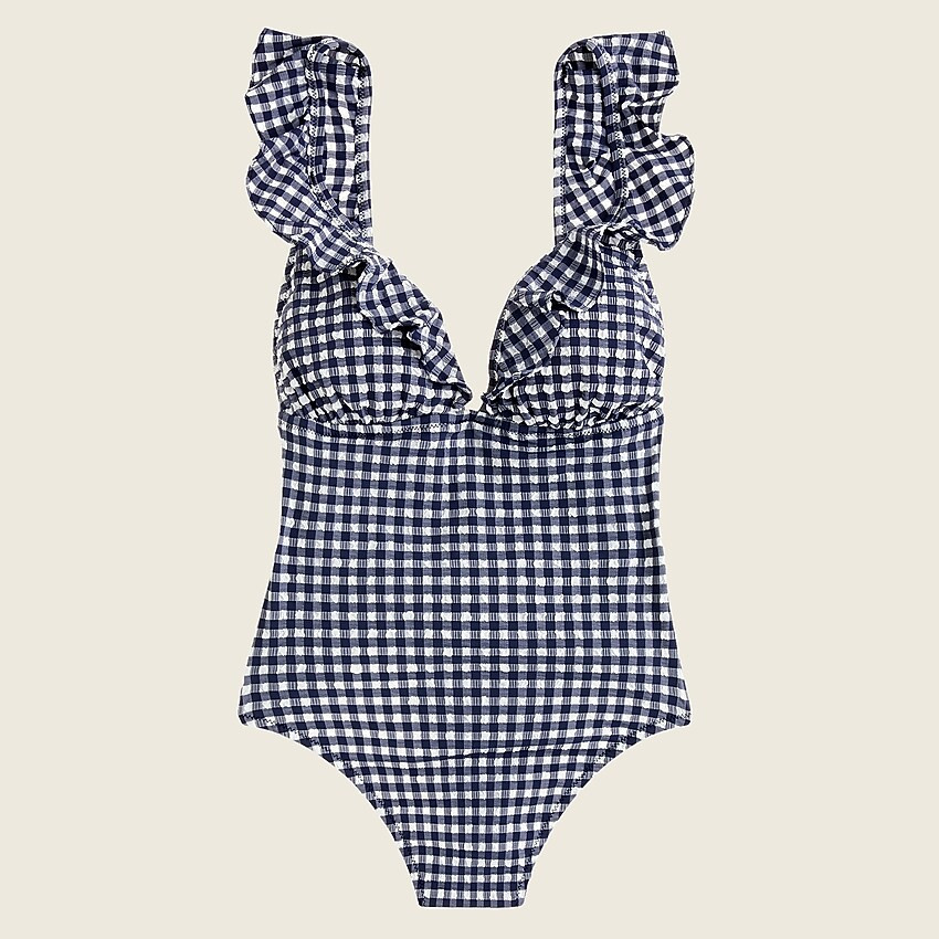 Ruffle plunging V-neck one-piece swimsuit in puckered gingham | J. Crew US