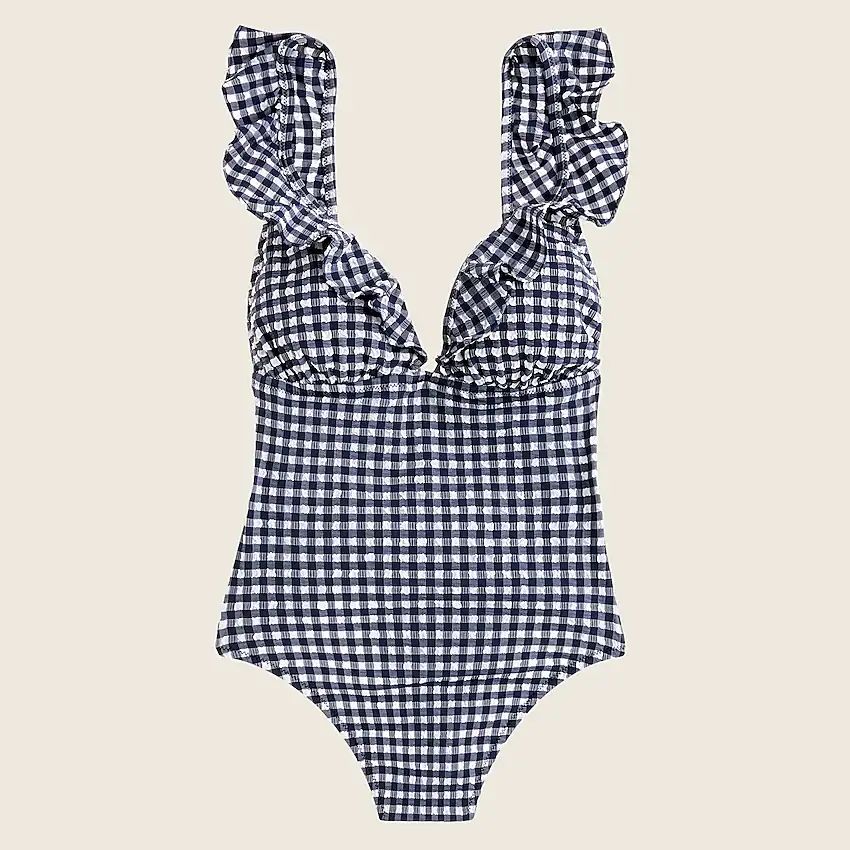Ruffle plunging V-neck one-piece swimsuit in puckered gingham | J.Crew US