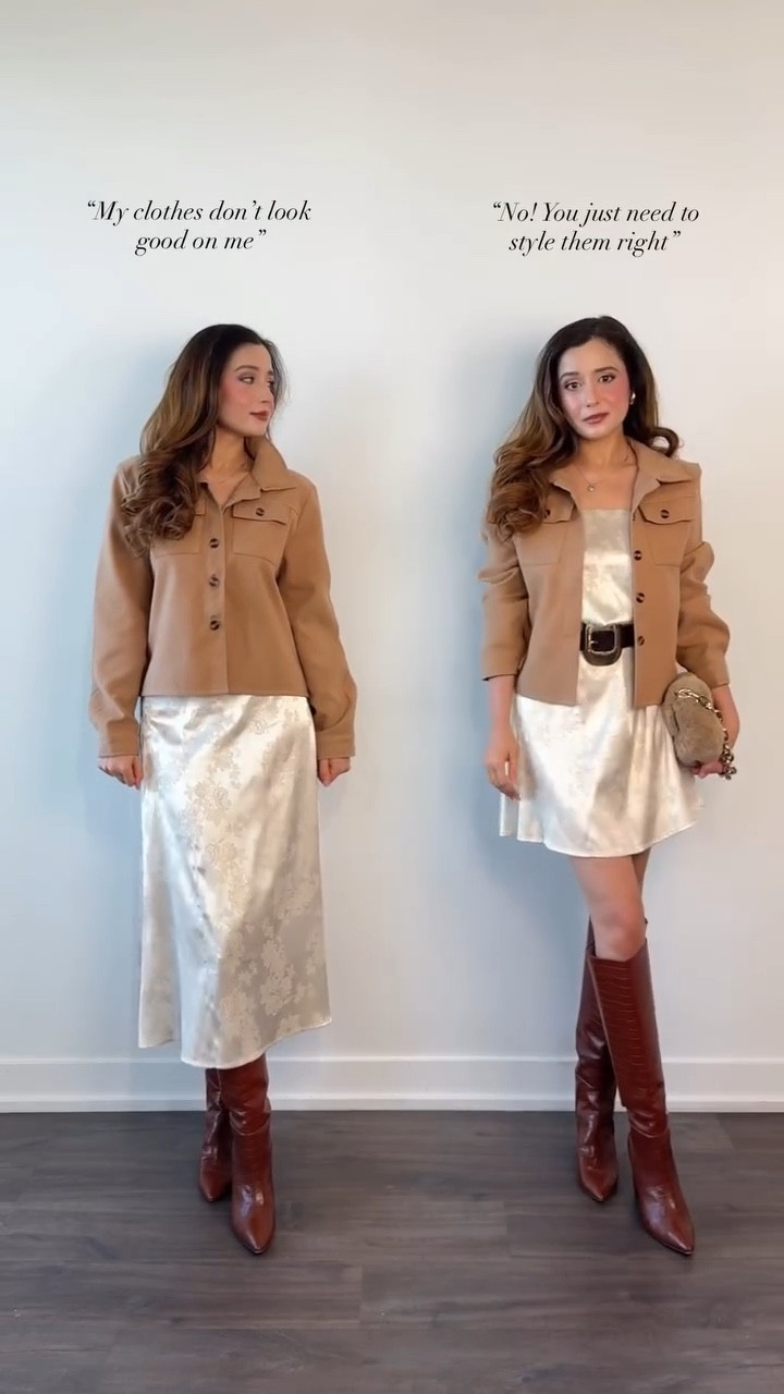 Satin Skirt Fall Styling Hacks 🍂Which look would you pick:1,2, or 3? SAVE these hacks for styling inspo.

A little hack I love: wrap a statement belt around your satin midi, tuck the sides, and you instantly have a new silhouette — from skirt to mini, or even a dress. Chic, simple, timeless.

#satinskirt #waystowear #howtostylevideo #stylingtips #fashionhacks #falloutfitinspo #amazonfinds #wearingvsstyling #howtowear 

#LTKFindsUnder50 #LTKSeasonal #LTKStyleTip