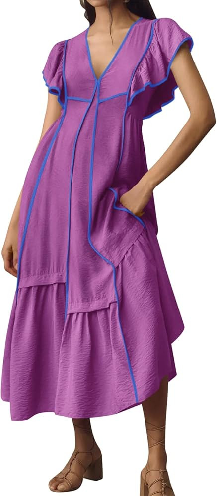 Wenrine Womens Summer V Neck Midi Dress Casual Ruffle Sleeve Contrast Color Loose Fit Flowy Long ... | Amazon (US)