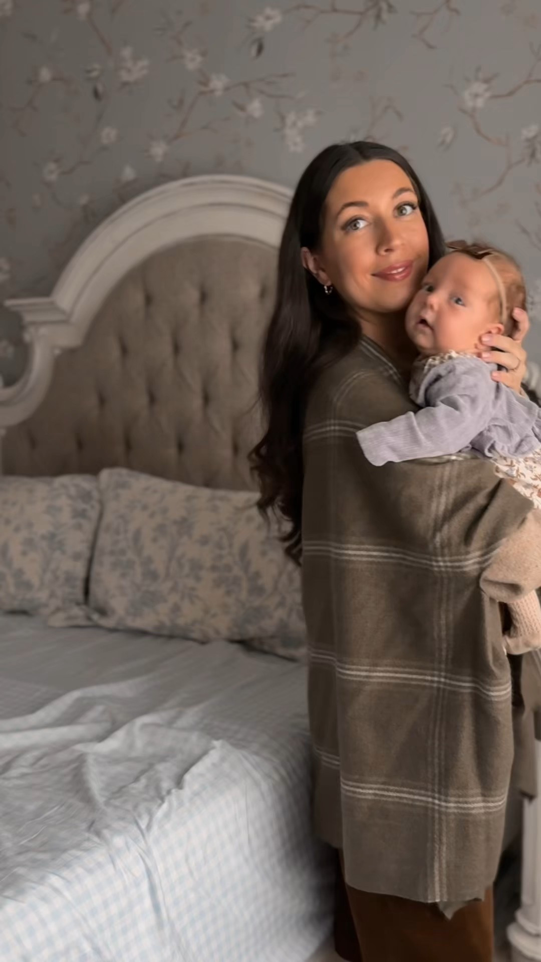 Mom church outfit green plaid poncho over beige sweater with brown skirt. Baby girl is wearing fall outfit with long ruffle socks  

#LTKootd #LTKmomlife #LTKdayinmylife