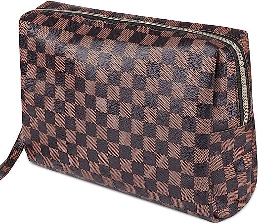 Checkered Makeup Bag Organizer, Large Make Up Bags for Women for Cosmetics Makeup Toiletry Travel | Amazon (US)