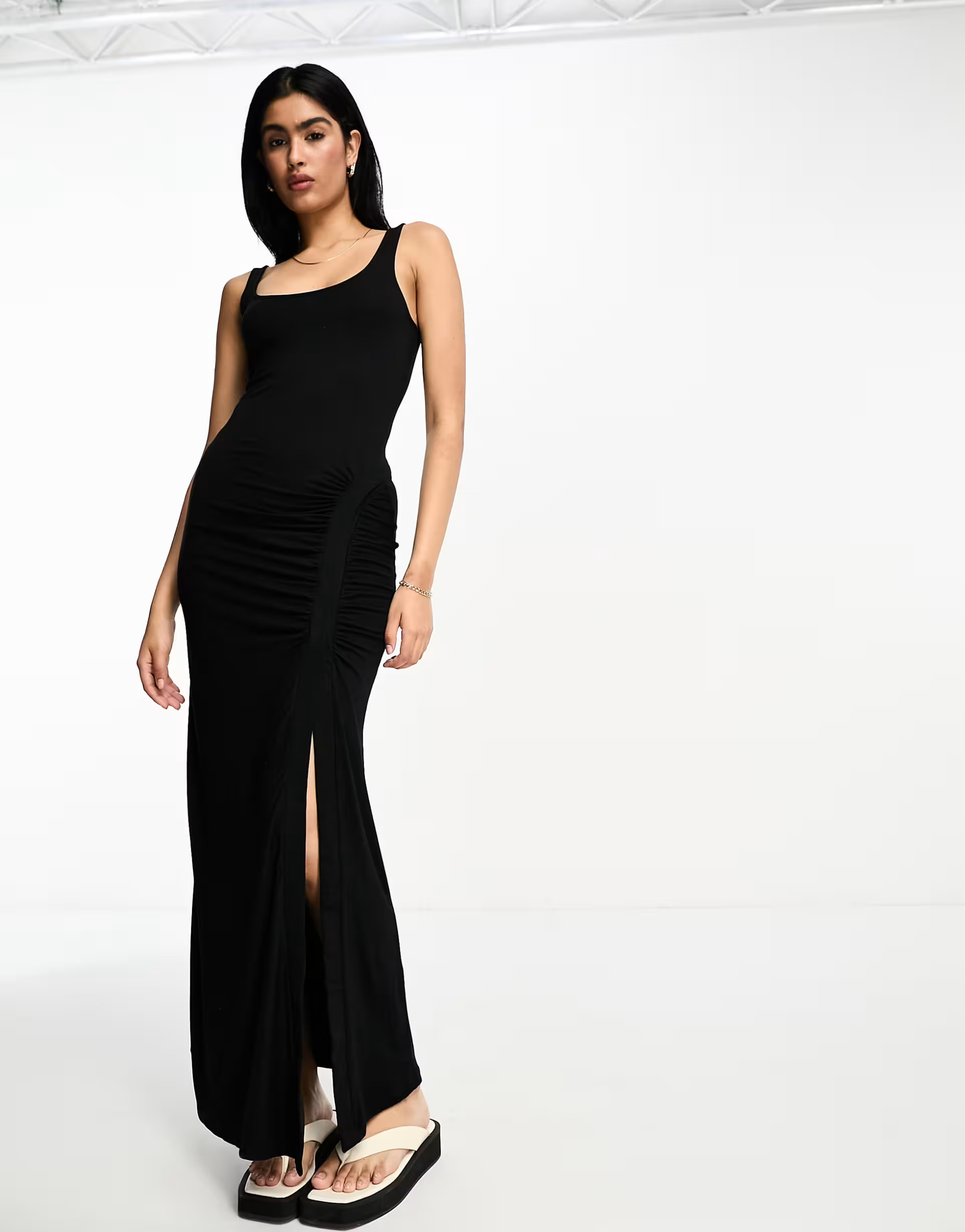 ASOS DESIGN scoop drape midi with ruched seam and snaps in black | ASOS (Global)