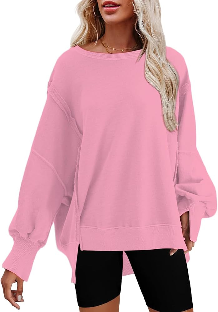 Bornpom Oversized Sweatshirt Crewneck Sweatshirts Long Sleeve Shirts Slit Pullover Top Solid Colo... | Amazon (US)