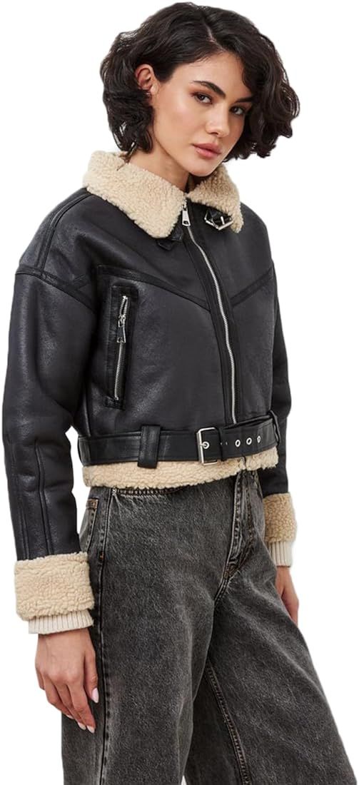 LY VAREY LIN Winter Women Faux Lamb Fur Leather Cropped Lambswool Biker Jacket Lapel Zipper Bombe... | Amazon (US)
