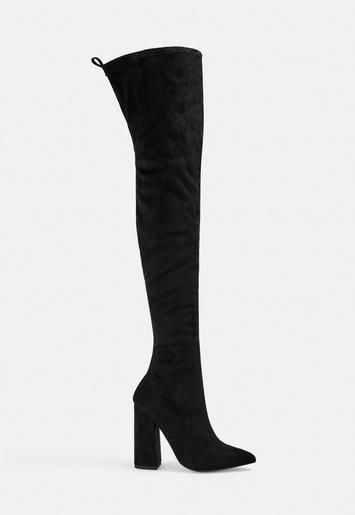 Black Block Heel Faux Suede Over The Knee Boots | Missguided (US & CA)