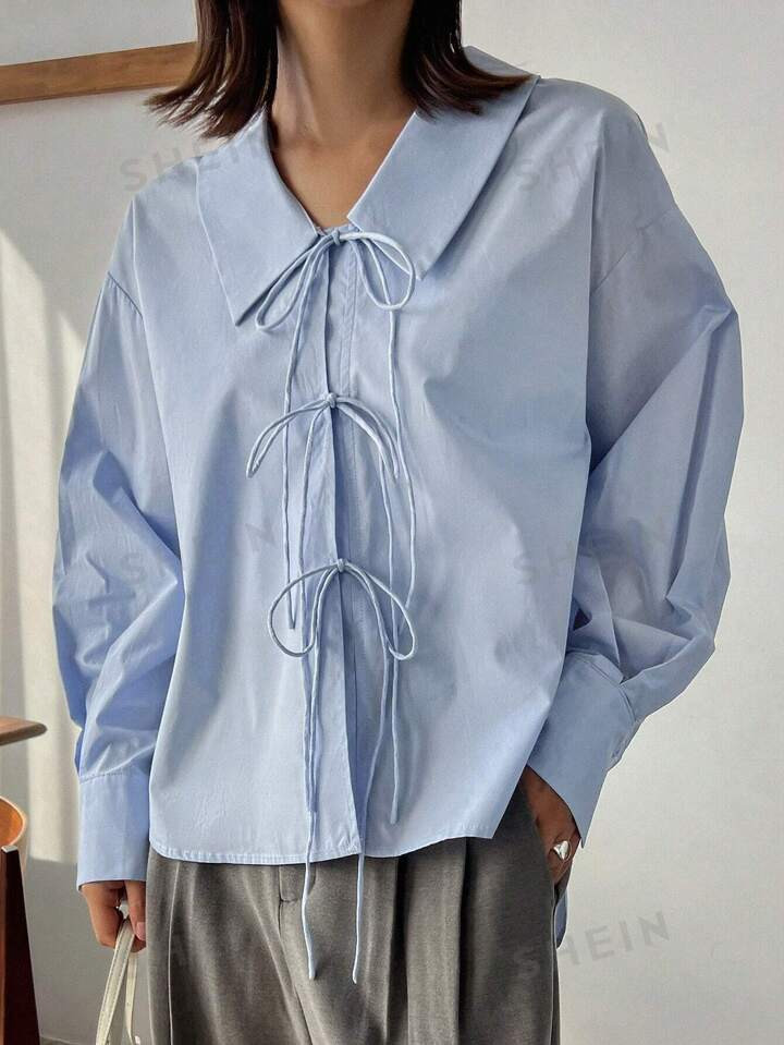 FRIFUL Women's Drop Shoulder Blouse With Front Lace Up | SHEIN USA | SHEIN