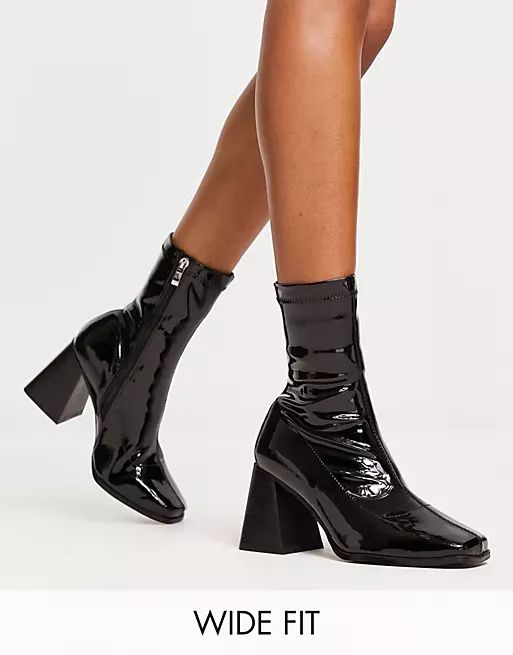 RAID Wide Fit Clever mid heel sock boot in black patent | ASOS (Global)