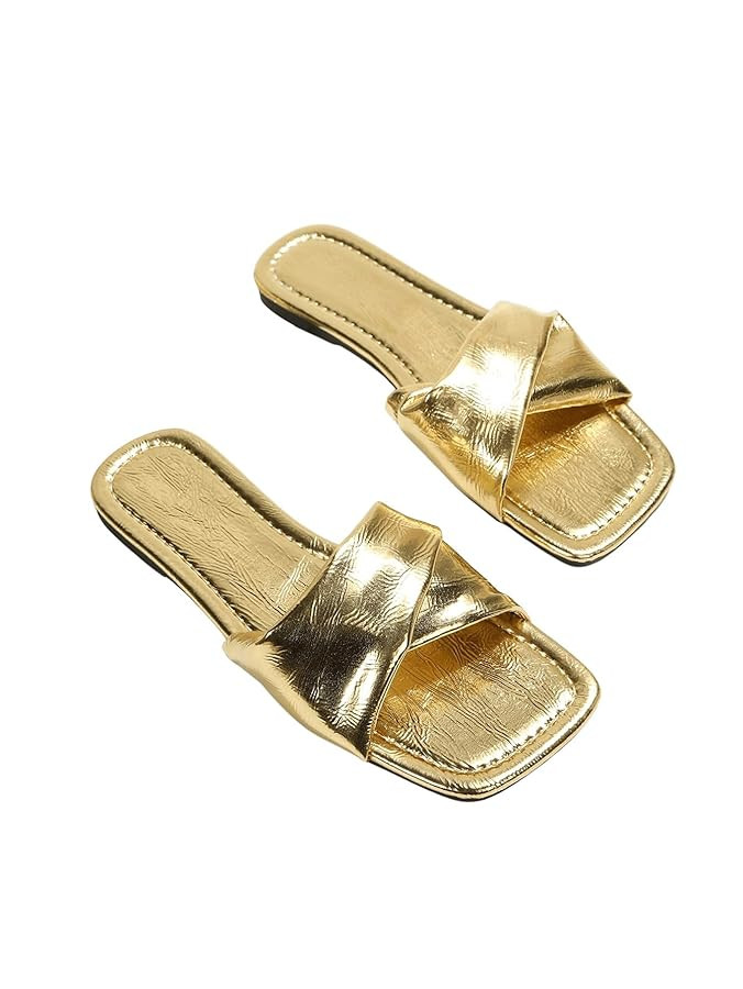 GORGLITTER Women's Silver Sandals Criss Cross Slip on Sandals Square Toe 2025 Trendy Vacation San... | Amazon (US)