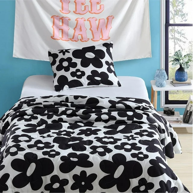 Urban Shop 2-Piece Black & White Textured Floral Teen Comforter Set, Twin/TXL | Walmart (US)