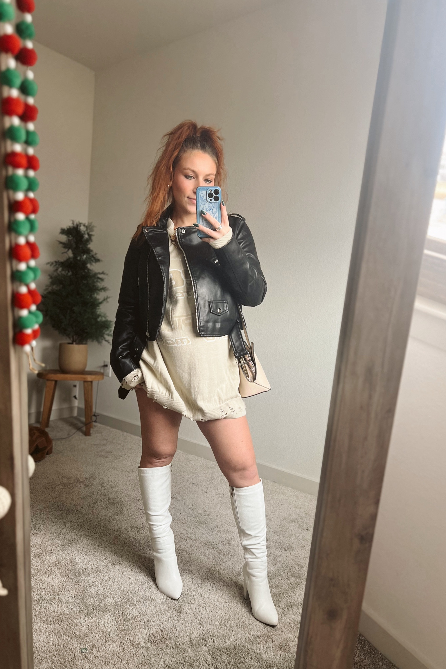 Date Night - Maternity Ootd - BOOHOOMAN Speed Kitted Sweater - SHEIN leather jacket - SHEIN white boots - Crossbody Purse - Maternity Outfit of the day - boho necklace - Gold hoop earrings 

#LTKbump #LTKstyletip #LTKshoecrush