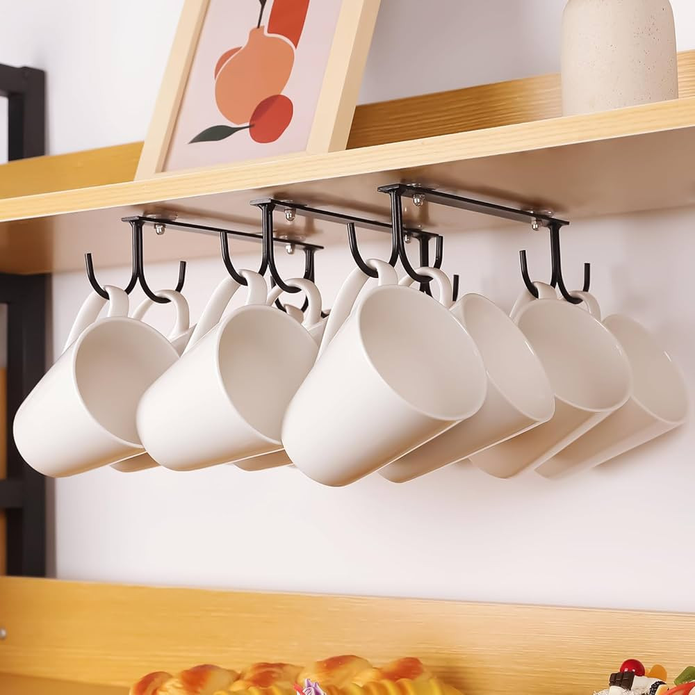 Mug Hooks Under Cabinet,3 Pieces Under Cabinet Mug Holder,Under Shelf Mug Organizer Rack with 12 ... | Amazon (US)