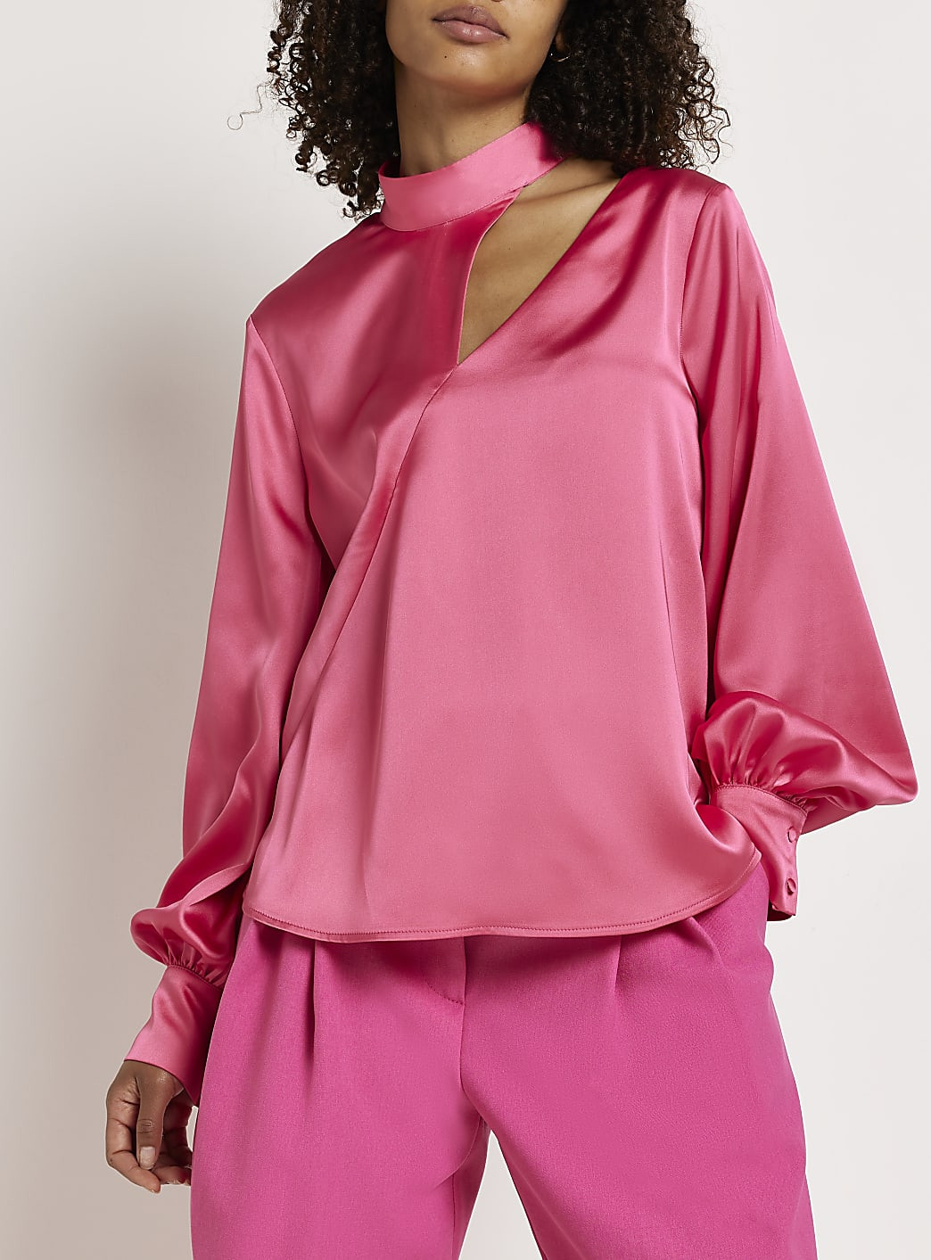 Pink satin cut out blouse | River Island (US)