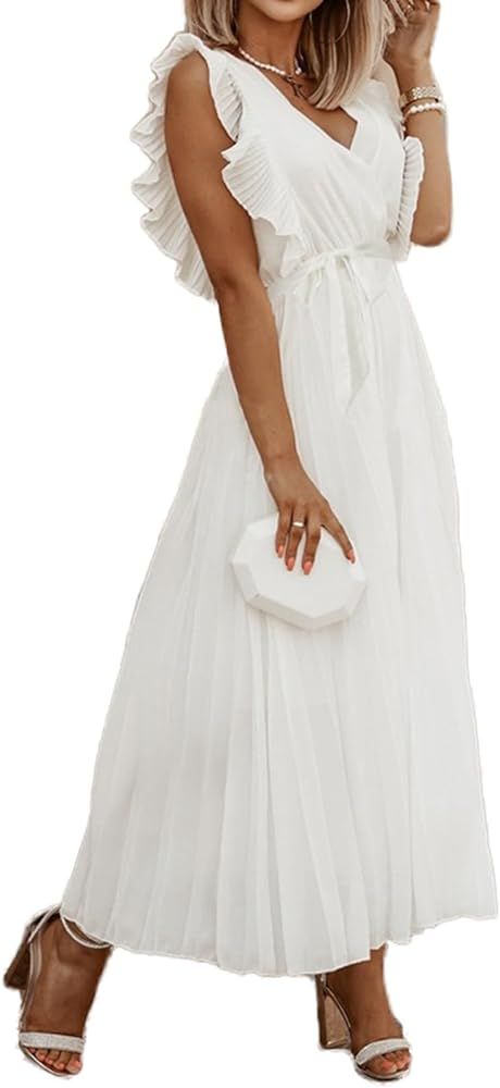 Women's Summer Dresses 2023 Fashion Slim Sexy Ruffle Sleeve Chiffon Pleated Skirt | Amazon (US)