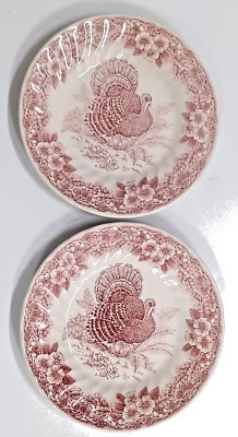 2 Queen’s Thanksgiving 8" Salad Plates Turkey Design Myott Factory Archive Red | eBay US