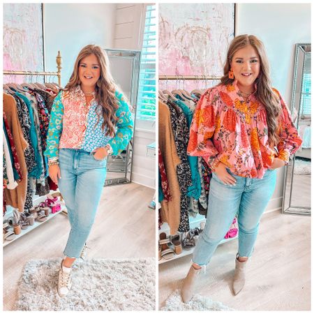Floral tops 
Cropped flare jeans 
Halle LaForte
