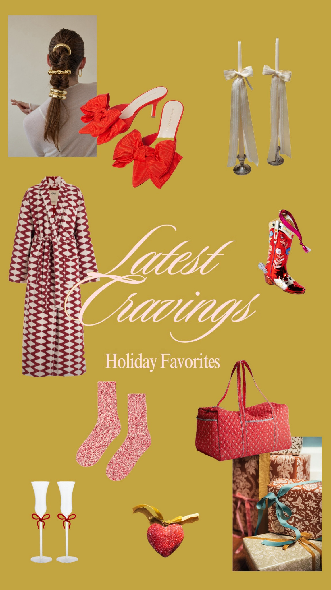 All the color and all the bows, please. That almost neon cherry red has my heart this season. I’ve seen the robe on everyone from designers and editors to actresses and it’s high up on my wishlist. 

The Vera Bradley bag is so chic all the sudden—I’ve used this luggage for twenty years and it’s truly a Mary Poppins bag of dreams. The socks are my favorite pair with Birkenstocks and the bow taper candles are a dream. 

Lastly, wrapping paper is my favorite touch every year and this paper is my number one. 

Holiday
Bright Holiday
Colorful Holiday
Christmas 
Christmas decorations
Holiday decor
Holiday style
Winter style 

#LTKGiftGuide #LTKHoliday #LTKSeasonal