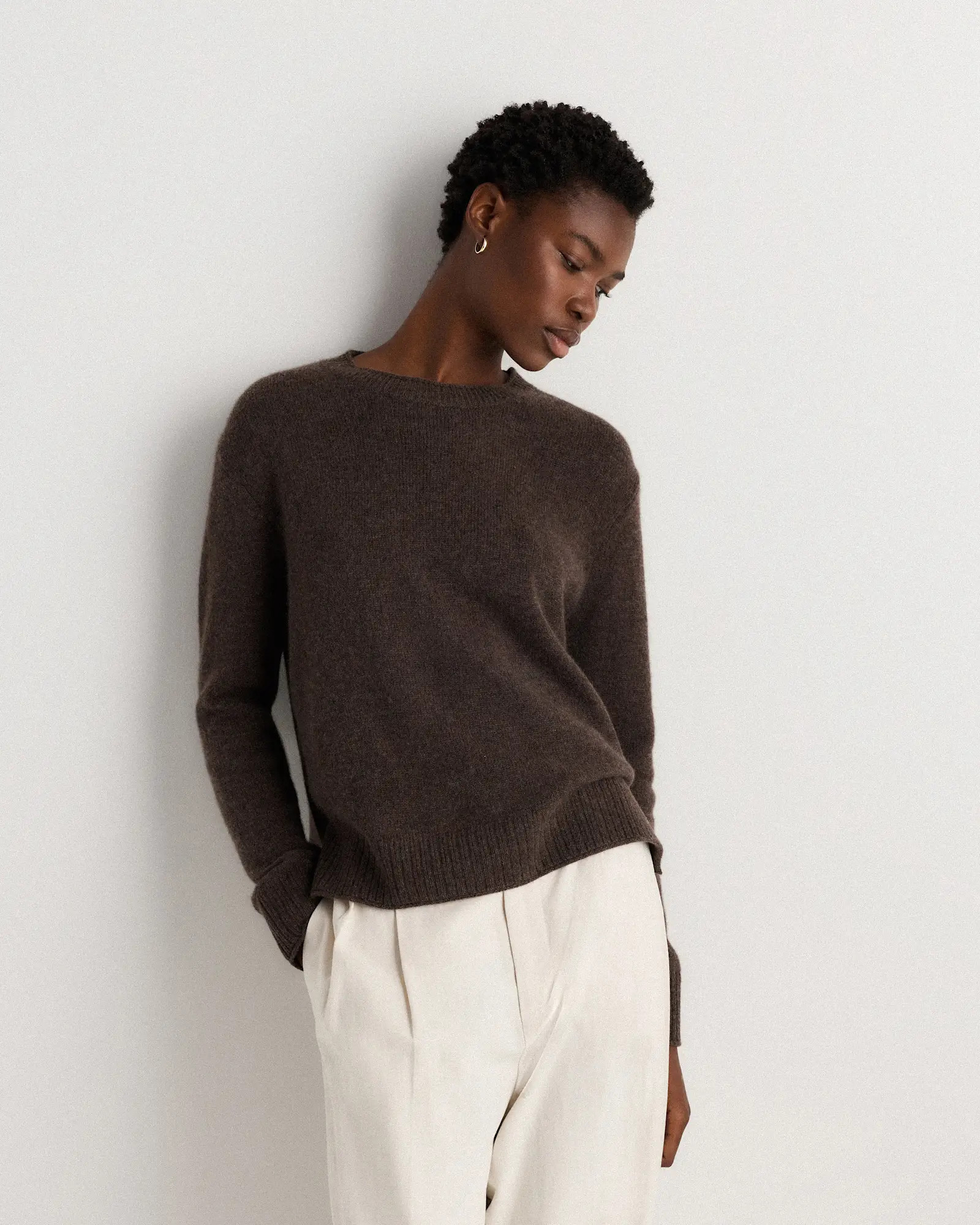 Mongolian Cashmere Boxy Crewneck Sweater in Heather Truffle Brown | Quince