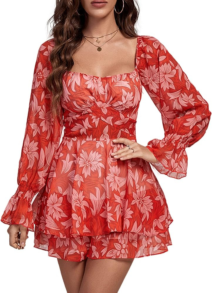 LYANER Women's Floral Print Off Shoulder Long Sleeve Ruffle Hem Romper Short Jumpsuit | Amazon (US)