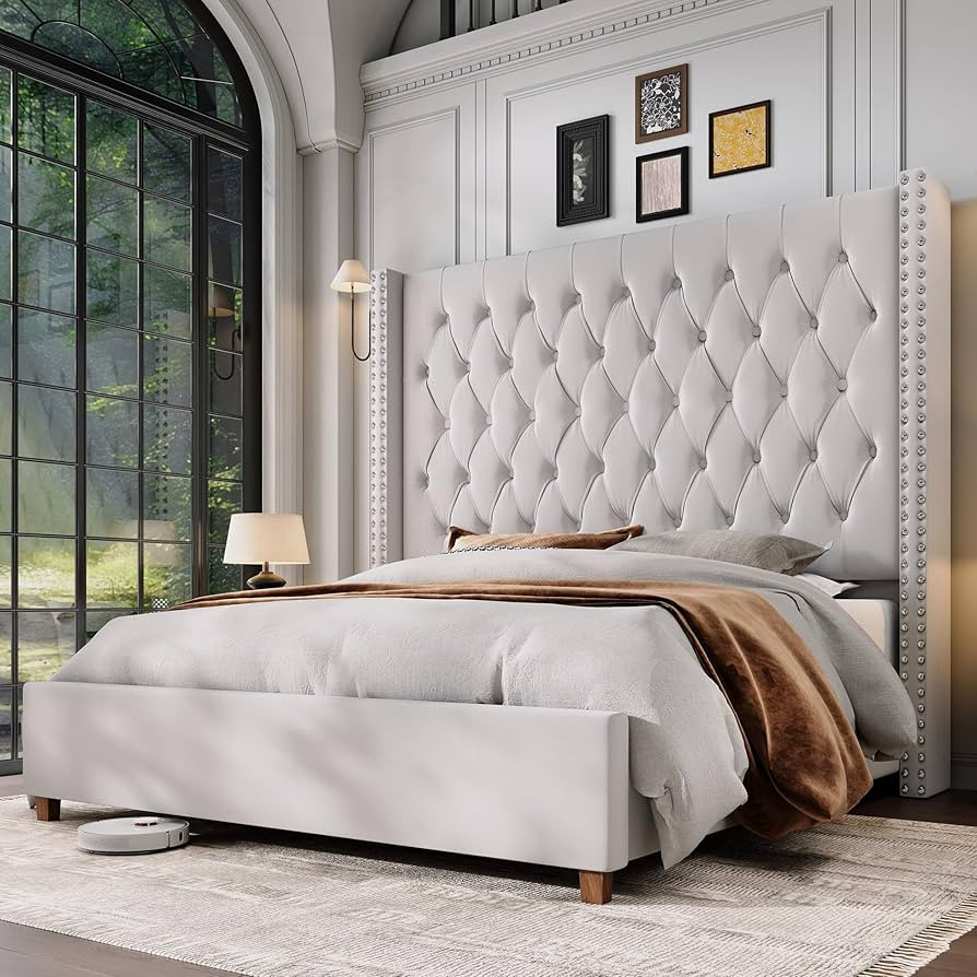 Jocisland Queen Size Bed Frame with 61.4" Tall Headboard, Velvet Upholstered Wingback Platform De... | Amazon (US)