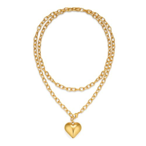 CLASSYZINT Gold Puffy Heart Necklace Layered Choker Necklace Chain Link Necklace with Heart Pendant Boho Long Heart Pendant Necklace | Amazon (US)