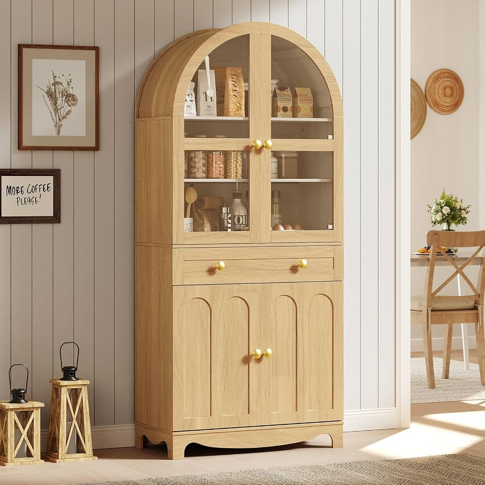 HOOBRO Arched Kitchen Pantry Cabinet, 71" Tall Pantry Cabinet with Drawer, Glass Door and Adjusta... | Amazon (US)