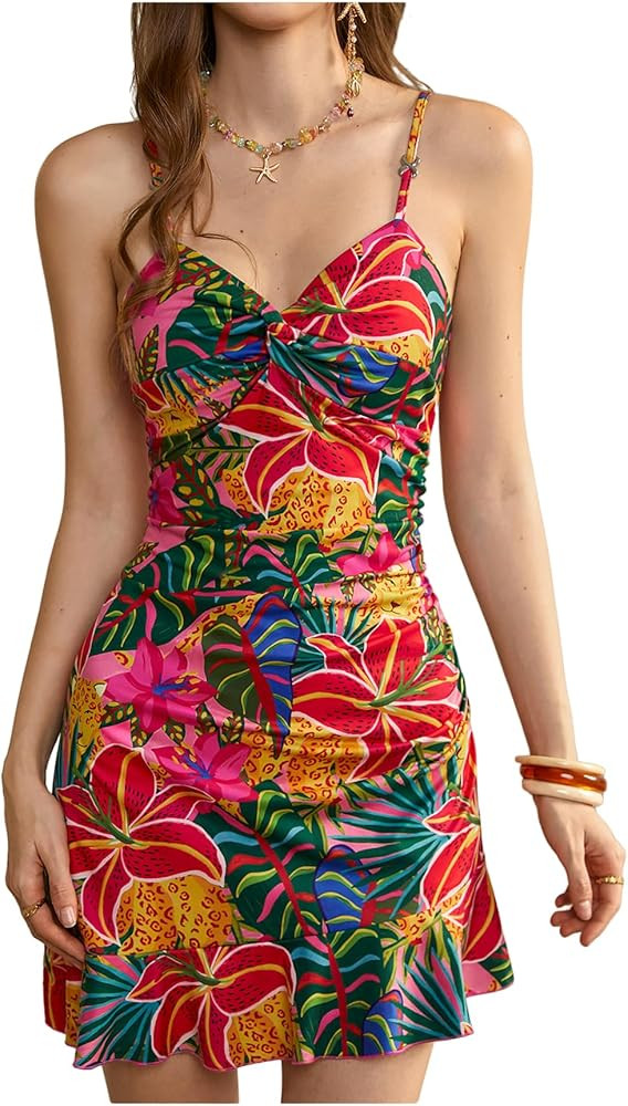 Floerns Women's Summer Tropical Twist Front Ruched Ruffle Hem Bodycon Cami Dress | Amazon (US)