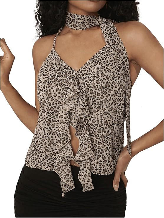 OYOANGLE Women's Leopard Print Sleeveless Ruffle Trim Halter Tops Y2K Going Out Cami Top | Amazon (US)
