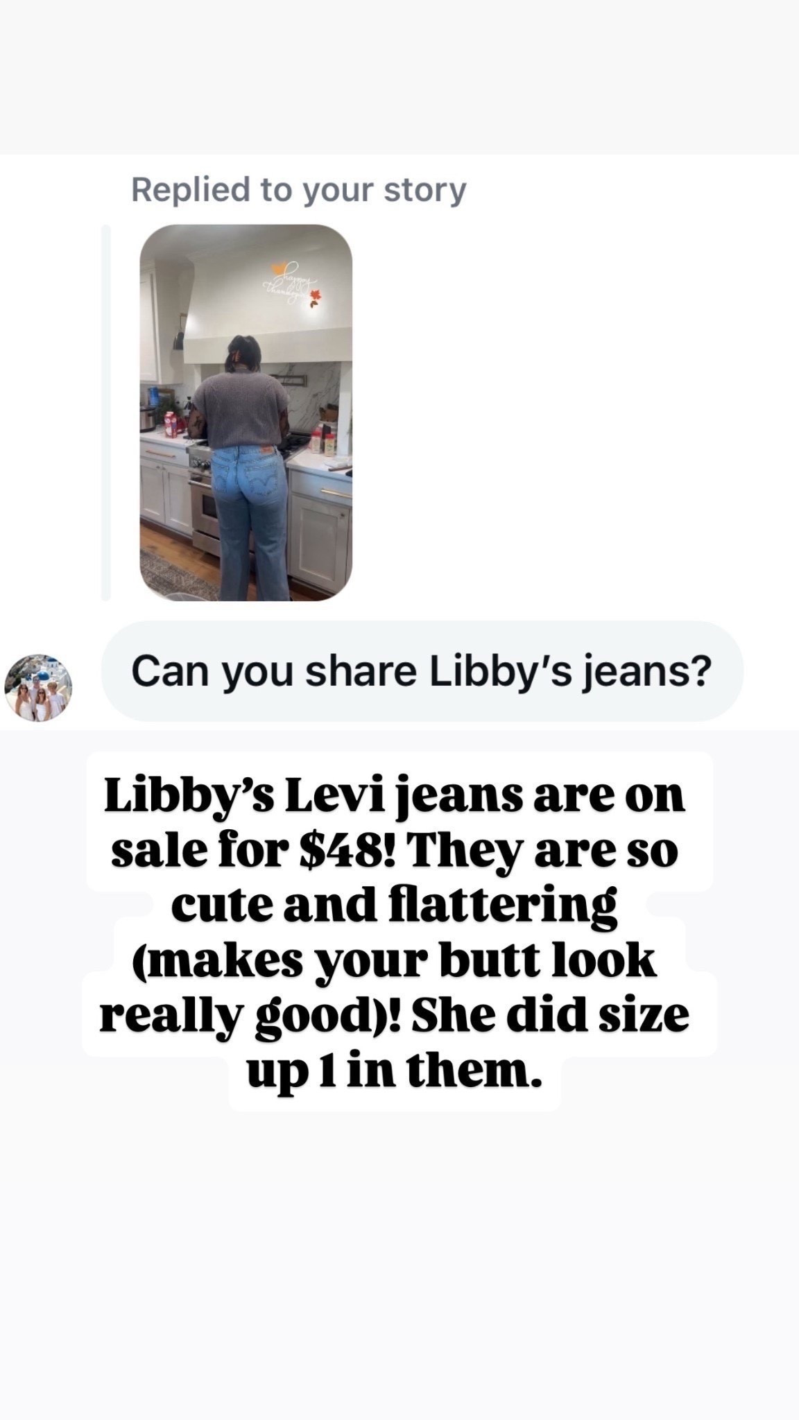 These Levi jeans are on sale for $48! Libby did size up 1 in them. They are so cute and flattering (they make your butt look good)! 




#LTKgrwm #LTKMidsize #LTKootd