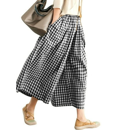 SWQZVT Womens Pants Wide Leg Gingham Cotton Pants for Women Casual Loose Blackwhite Checkered Palazzo Lounge Women's Pants L | Walmart (US)