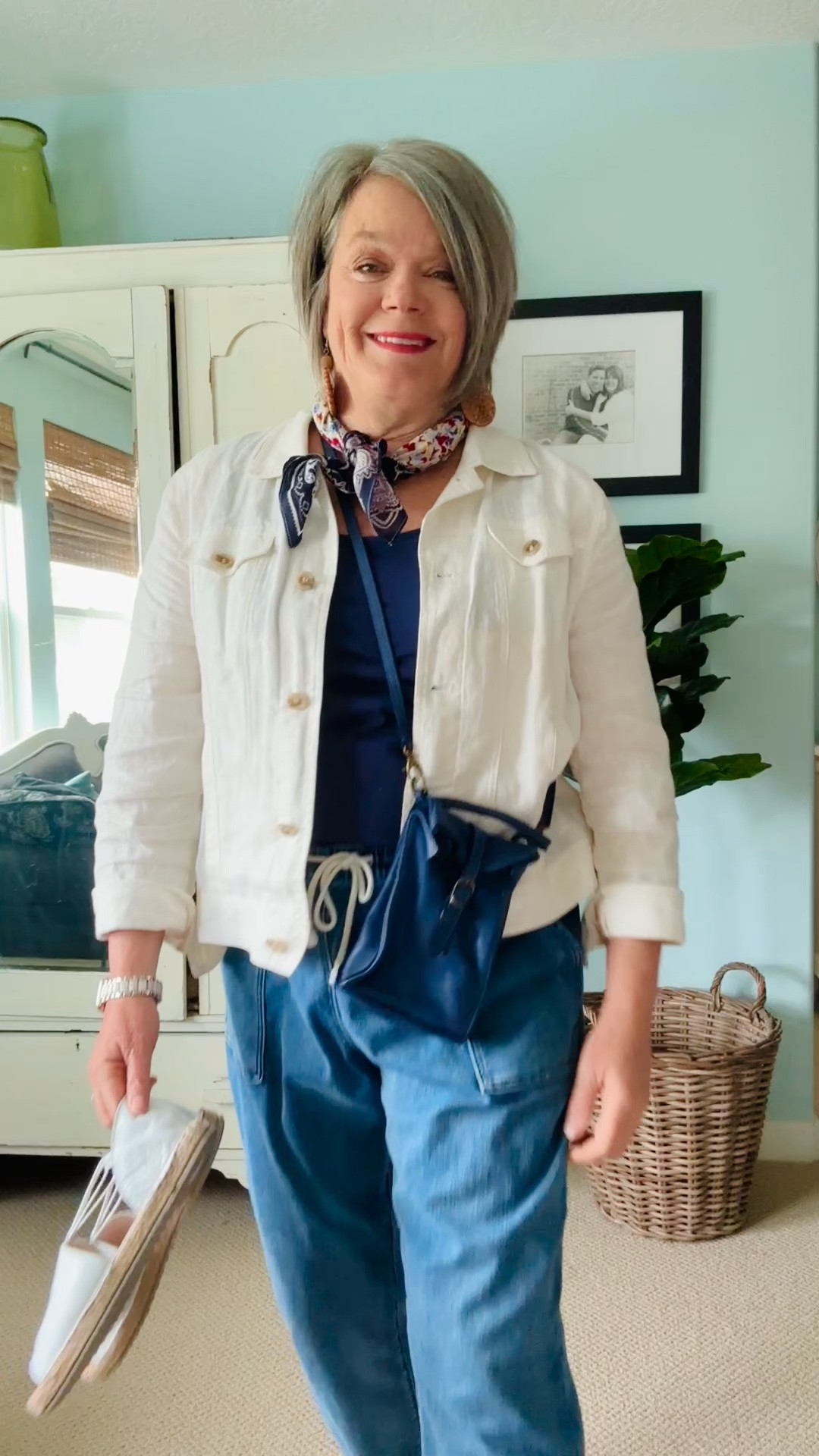 @coldwatercreek #ad #sponsored Red white and blue outfit for the holidays! Lightweight linen cream colored jacket (comes in different colors) over a super soft navy tank top with an adorable red white and blue scarf. The jeans are THE most comfortable soft denim with big pockets in front, pockets in the back tapered leg that I roll up for a cute look! The little leather blue crossbody bag is perfect for travel! It holds you cell phone, wallet and lipstick and it comes in different colors too! My shoes are leather espadrilles (white is sold out) but comes in red and a few other colors! Linking everything in my LTK shop for you! ⬇️ #coldwatercreekpartner

#LTKOver40