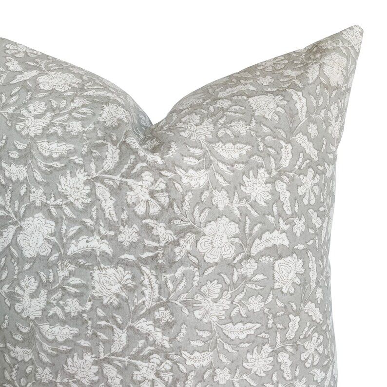 Amelia  Grey Floral Handblock Pillow Cover  Neutral Gray - Etsy | Etsy (US)