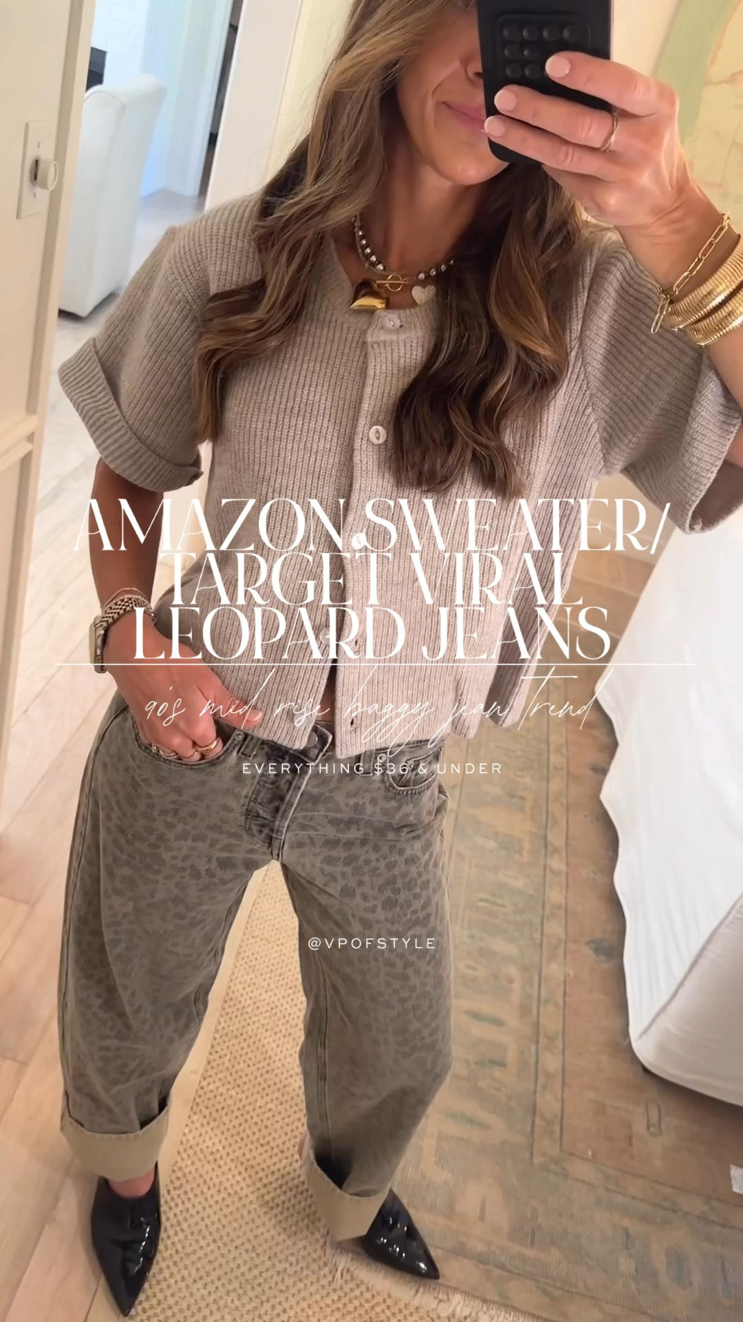 Amazon short sleeve cardigan sweater, and the viral target leopard 90s mid rise style jeans $36. Make an easy fall ootd. These jeans are like loungewear. So comfy. Run tts. And already give you the baggy fit in your true size. Wearing size 0  

#LTKOver40 #LTKStyleTip #LTKFindsUnder50